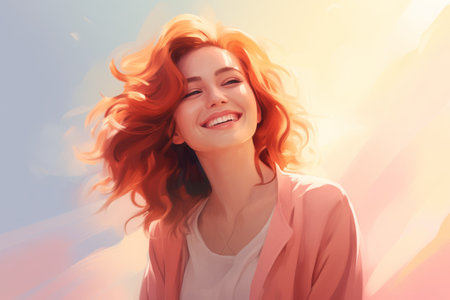 beautiful young woman with red hair looking at camera and smiling on color backgroundの素材