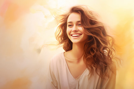 beauty, people and health concept - smiling young woman with long curly hair over yellow backgroundの素材