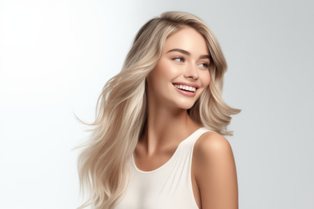 Portrait of beautiful young woman with long blond hair on white backgroundの素材