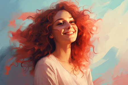 Portrait of a beautiful red-haired girl with long curly hair.の素材