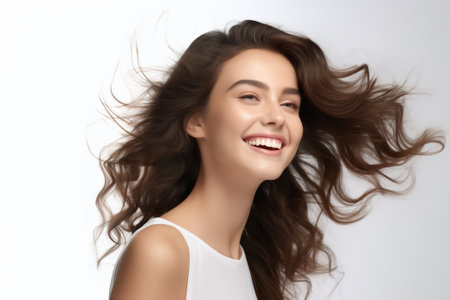 Beautiful young woman with long hair on white background, closeupの素材