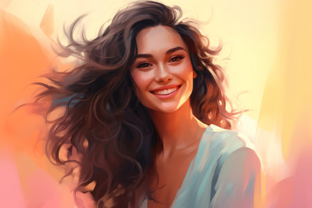 Portrait of a beautiful young woman with long curly hair and bright makeup.の素材