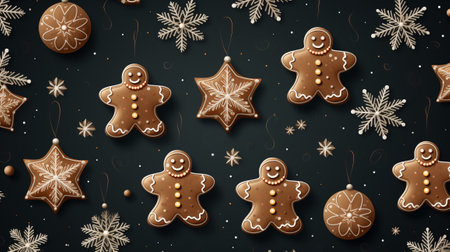 Christmas gingerbread cookies and snowflakes on dark background. Vector illustration.の素材