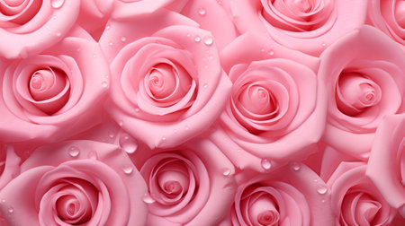 Pink roses background with water drops. Top view. 3d renderの素材