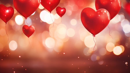Valentine's day background with red heart shaped balloons on bokeh lightsの素材