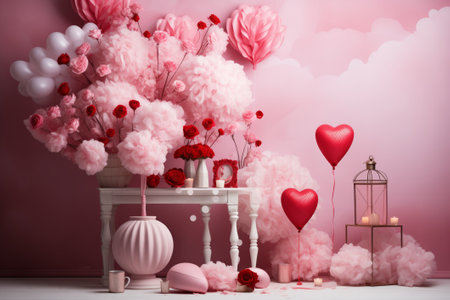 Valentine's Day background with heart-shaped balloons, candles and flowersの素材