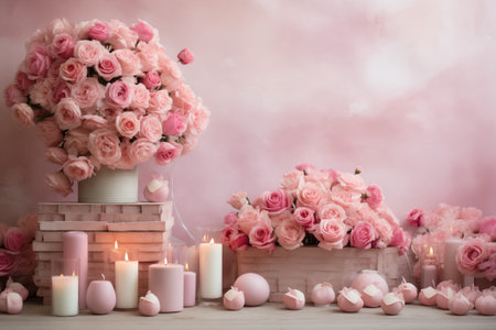 Bouquet of pink roses in vase, candles and eggs on wooden tableの素材