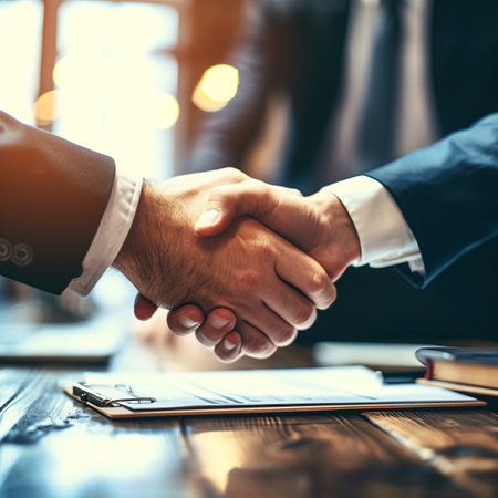 Business people shaking hands, finishing up a meeting. Business handshake concept.の素材