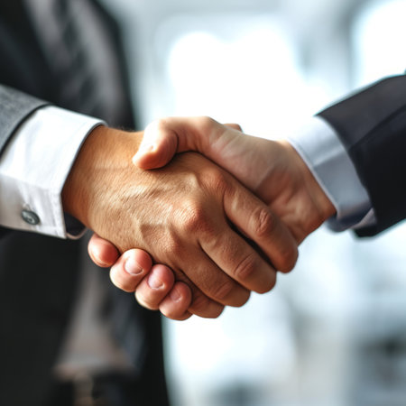 Business people shaking hands, finishing up a meeting or negotiation. Handshake concept.の素材
