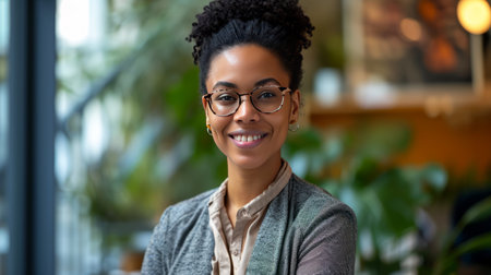 portrait of smiling african american businesswoman in eyeglassesの素材