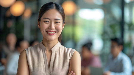 Portrait of businesswoman smiling and looking at camera in office.の素材