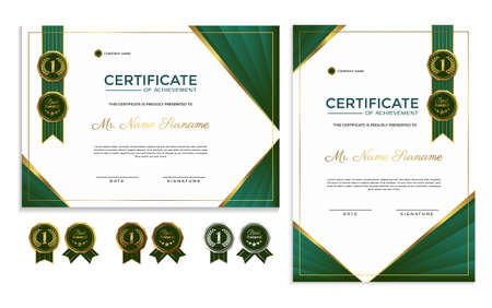 Certificate of appreciation template. Premium diploma design with grey lines zigzag pattern. Golden Green badge..のイラスト素材