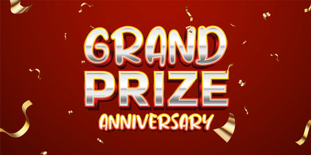 Grand Prize anniversary gold and silver text effect with red background and confettiのイラスト素材