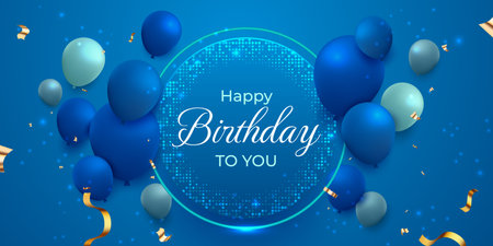 Happy Birthday background with blue 3d realistic floating glossy balloonsのイラスト素材