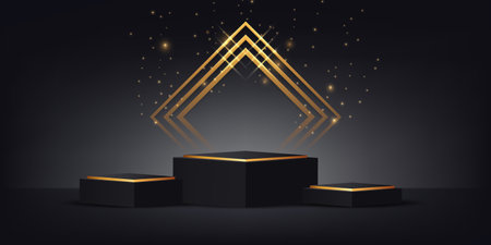 Luxurious 3d studio space with black and gold square pedestal podium with sparkles and light effectのイラスト素材