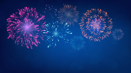Realistic fireworks collection of blue night twilight backgroundsのイラスト素材