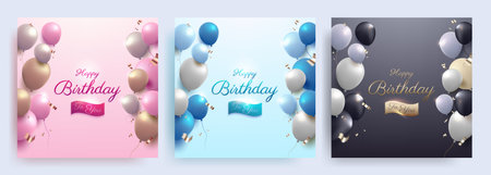 Set of Happy birthday celebration banner with realistic colorful balloons for social media postのイラスト素材