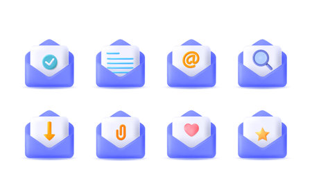 Set of 3d open mail envelope vector icon illustration. Message notification, check mark, paper document, magnifying glass, attachment, heart love, star and arrowのイラスト素材