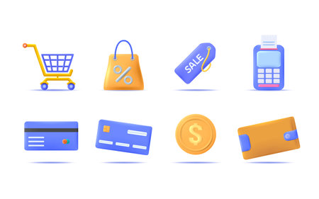 3d online shopping icon set. Shopping cart, bag, tag, payment, credit card, wallet and money icons.のイラスト素材