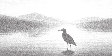 Monochrome stipple scene of a bird at calm lake, with misty mountains and water reflection. Elegant halftone nature designのイラスト素材