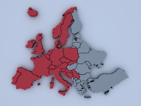 3D rendered map of Europe with bright colors focused on East and Westの写真素材