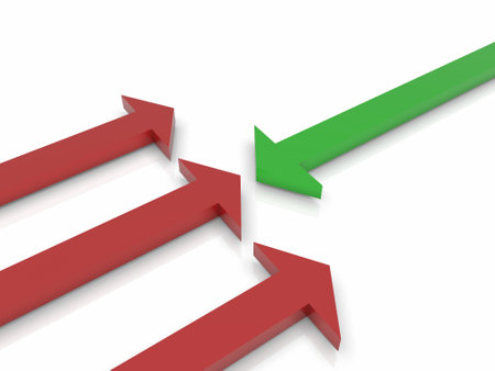 3d rendering of some green and a red arrow symbolizing a conflictの写真素材