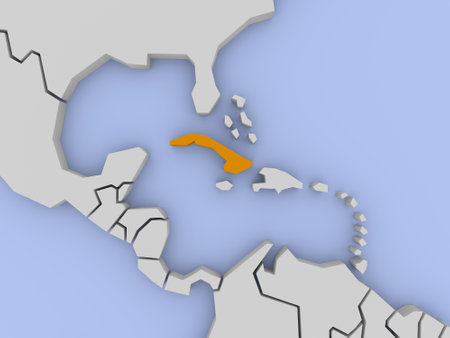 Three-dimensional map of Cuba isolated on background in 3Dの写真素材