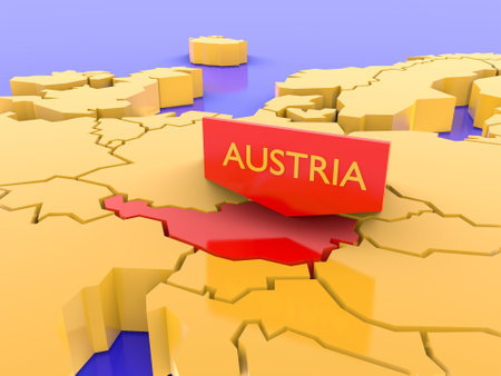 Europe map focused on Austria. Isolated on white. 3D rendering.の写真素材