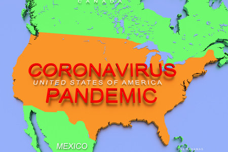 3D rendered map of COVID-19 virus pandemic with bright colors in USA