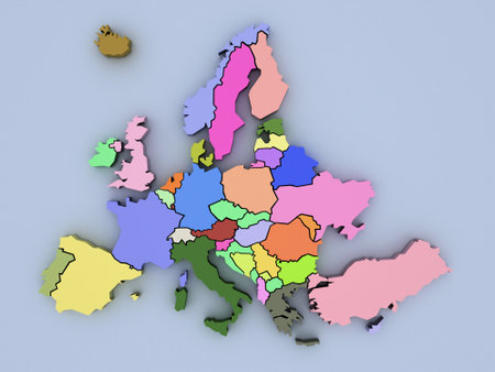 3D rendered map of Europe with bright colorsの写真素材