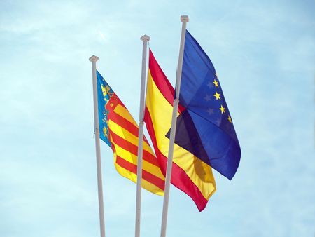 three flags : European Union; Spanish; Valencia Community      の写真素材