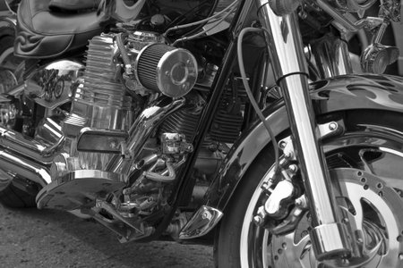 Chrome and black details of a motorcycleの写真素材