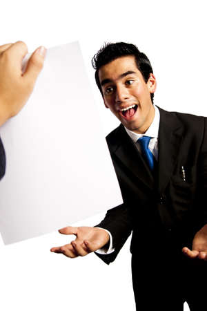 
young businessman getting great news isolated on whiteの写真素材