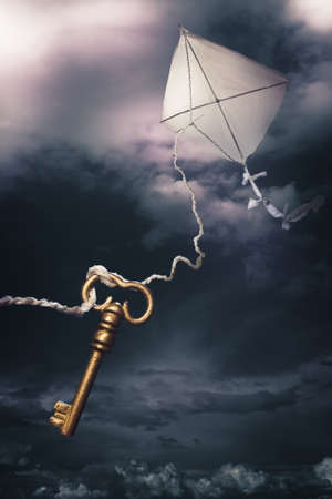 Benjamin's Franklin kite in a dangerous electrical stormの写真素材