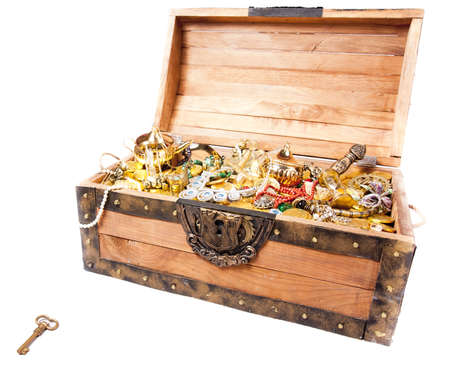 pirate treasure chest isolated on whiteの写真素材