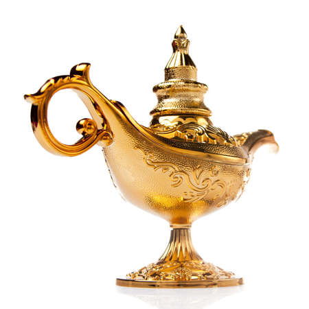 Aladdin magic lamp isolated on whiteの写真素材