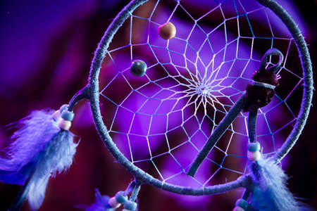 Dreamcatcher hanging in a forest at nightの写真素材