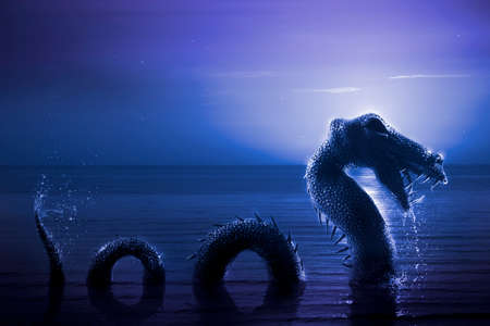 Photo composite: Loch Ness Monster at nightの写真素材