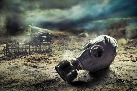 Photo Composite: Gas Mask in the aftermath of warの写真素材