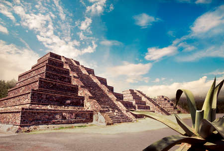 Aztec pyramid at sunset with dramatic skyの写真素材