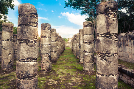 Pillars in the Temple of the warriors in Chichen Itza, Yucatan, Mexico