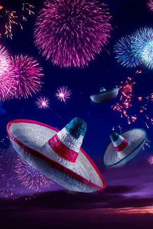 Mexican sombreros with fireworks at nightの写真素材