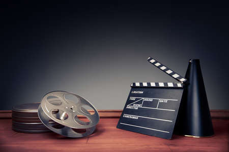 movie industry objects on a grey background