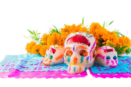 sugar skulls used for "dia de los muertos" celebration isolated on white with cempasuchil flowersの写真素材