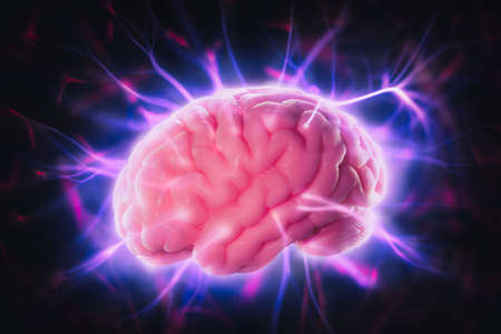 mind power concept with human brain and light raysの写真素材