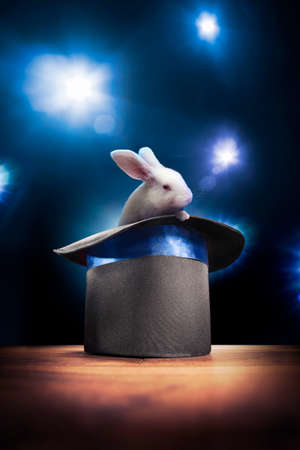 photo composite of a bunny in a magic hat on a stageの写真素材