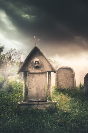 graveyard with fog with dramatic lighting
