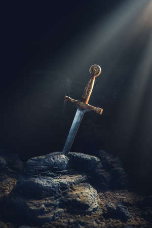 High contrast image of Excalibur, sword in the stoneの写真素材