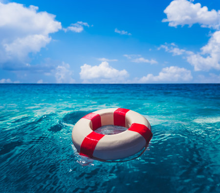 Life saver ring floating in the ocean on a sunny day