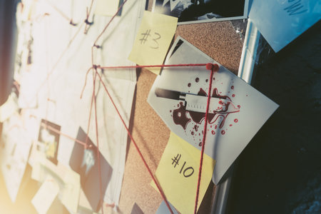 Detective board with evidence, crime scene photos and map. high contrast image
